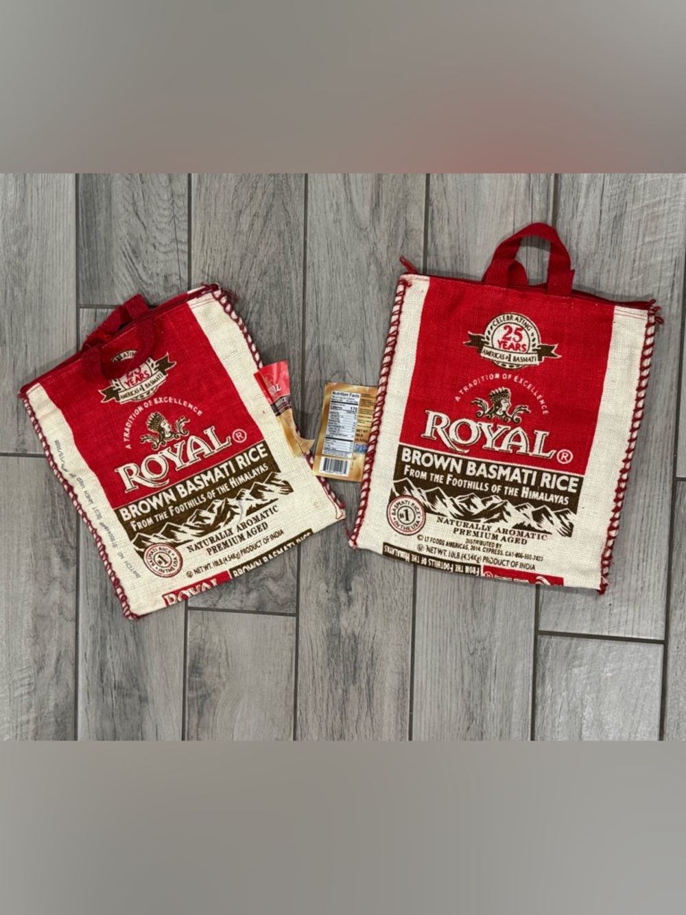 Royal Brown Basmati Rice 10lb Burlap Reusable Zip Tote Bags 2 Pack Red/Natural